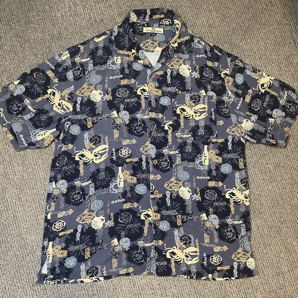 Tommy Bahama Mens M Silk Button Up Shirt Short Sleeve Fish Lobster Hibiscus